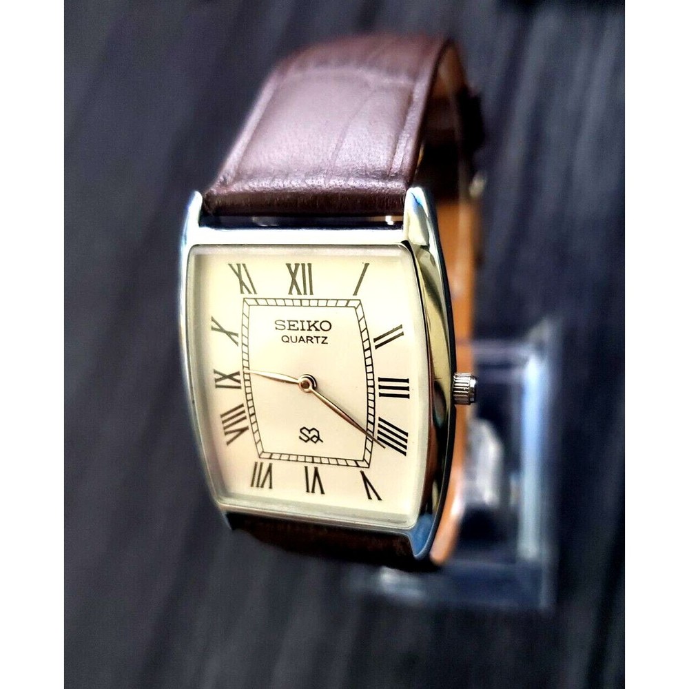 *RARE NOS Seiko Men‎ Barrel Tank White Roman Dial Brown Leather band Dress…